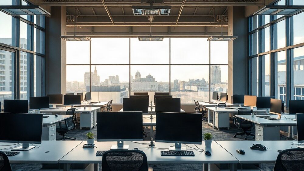 Leere Schreibtische in einem modernen Büro symbolisieren den Netflix Stellenabbau in der Technik- und Verwaltungsabteilung – Symbolbild, KI-erzeugt