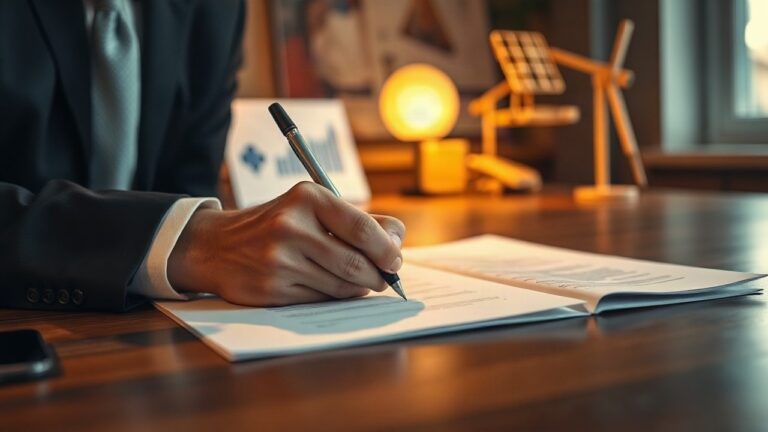 Szene aus der nachhaltigen Finanzbranche: eine Hand unterzeichnet anonym ein Dokument auf einem Schreibtisch, im Hintergrund unscharf Symbole für Nachhaltigkeit wie eine Pflanze od – Symbolbild, KI-erzeugt