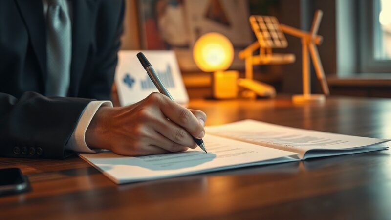 Szene aus der nachhaltigen Finanzbranche: eine Hand unterzeichnet anonym ein Dokument auf einem Schreibtisch, im Hintergrund unscharf Symbole für Nachhaltigkeit wie eine Pflanze od – Symbolbild, KI-erzeugt