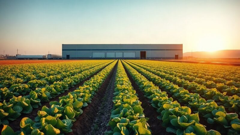 Weites Gemüsefeld im Marchfeld bei Sonnenaufgang mit einer Industriehalle im Hintergrund, die an den Standort Agrana Leopoldsdorf erinnert – Symbolbild, KI-erzeugt