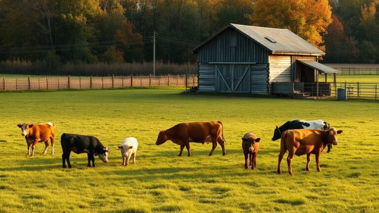 A rural animal sanctuary in autumn, wide shot of a green pasture with a rustic wooden barn, rescued farm animals such as cows and pigs grazing calmly, soft morning light, no people – Symbolbild, KI-erzeugt