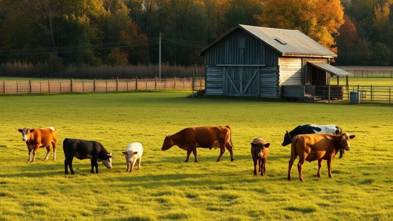 A rural animal sanctuary in autumn, wide shot of a green pasture with a rustic wooden barn, rescued farm animals such as cows and pigs grazing calmly, soft morning light, no people – Symbolbild, KI-erzeugt