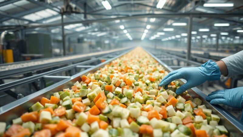 Industrielle Förderbänder mit Tiefkühlgemüse symbolisieren die Werksschließung bei Ardo in Groß-Enzersdorf – Symbolbild, KI-erzeugt