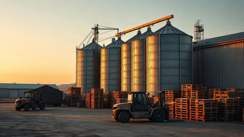 Ein Agrarhandelshof mit Silos und Gabelstapler steht sinnbildlich für den verschobenen Baywa Bericht – Symbolbild, KI-erzeugt