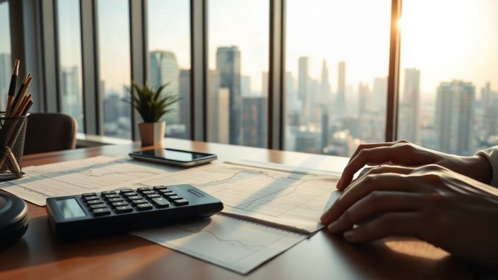 Ein Schreibtisch mit Finanzunterlagen und Skyline im Hintergrund symbolisiert die Bewertung eines BlackRock-Fonds – Symbolbild, KI-erzeugt