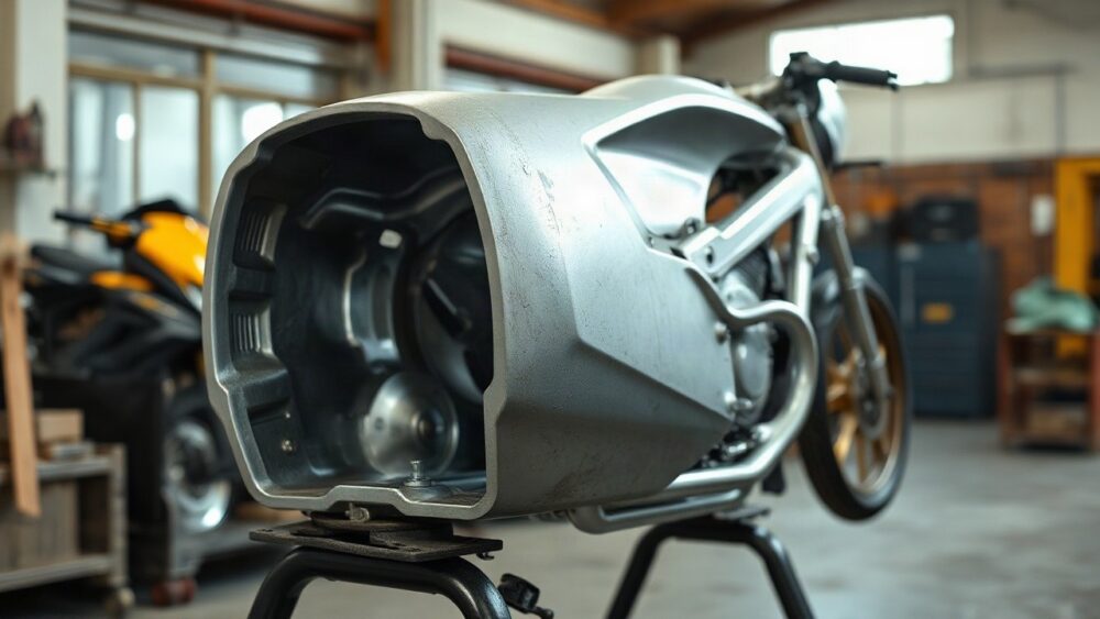 Ein roher Aluminium-Rahmen auf einem Werkstattständer zeigt die Technik, die auch im Rahmen der BMW M 1000 RR verbaut wird – Symbolbild, KI-erzeugt