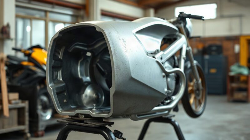 Ein roher Aluminium-Rahmen auf einem Werkstattständer zeigt die Technik, die auch im Rahmen der BMW M 1000 RR verbaut wird – Symbolbild, KI-erzeugt