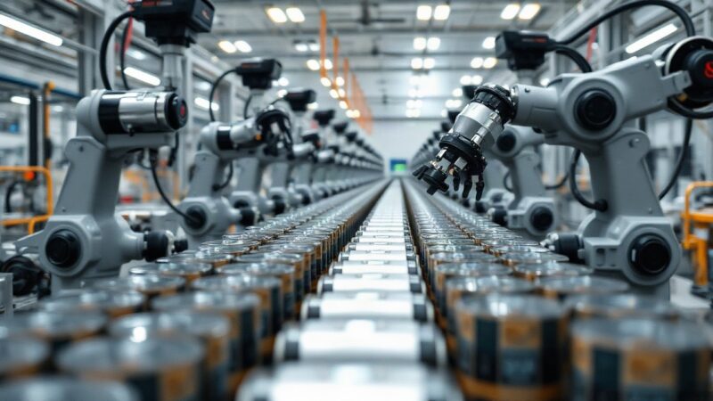 Automatisierte Fertigungslinie für Rundzellen symbolisiert die neue BMW Batterieproduktion in einer modernen Fabrikhalle – Symbolbild, KI-erzeugt
