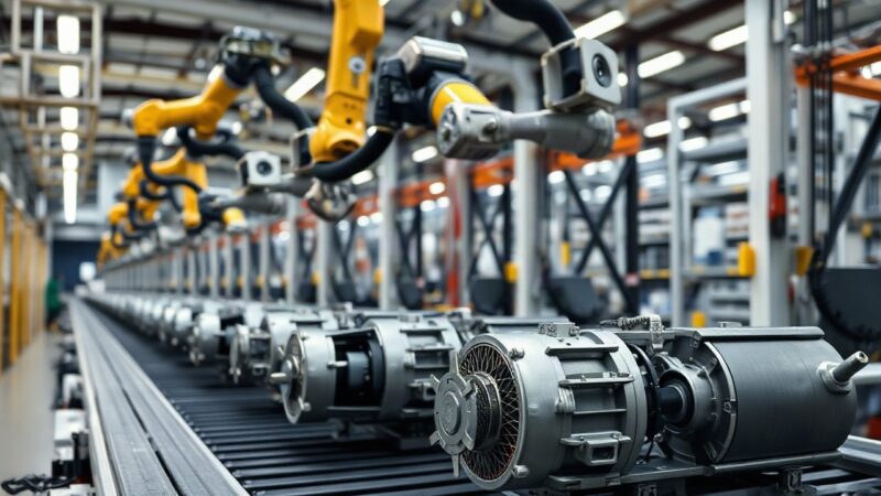 Fertigungslinie für Elektromotoren in einer Autofabrik, passend zur BMW Steyr Investition in den Ausbau der Produktion – Symbolbild, KI-erzeugt
