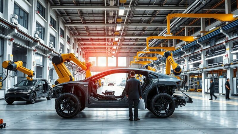 Moderne Fertigungshalle, in der ein neues BYD Werk in Europa entstehen könnte, mit Robotern an einer Montagelinie – Symbolbild, KI-erzeugt