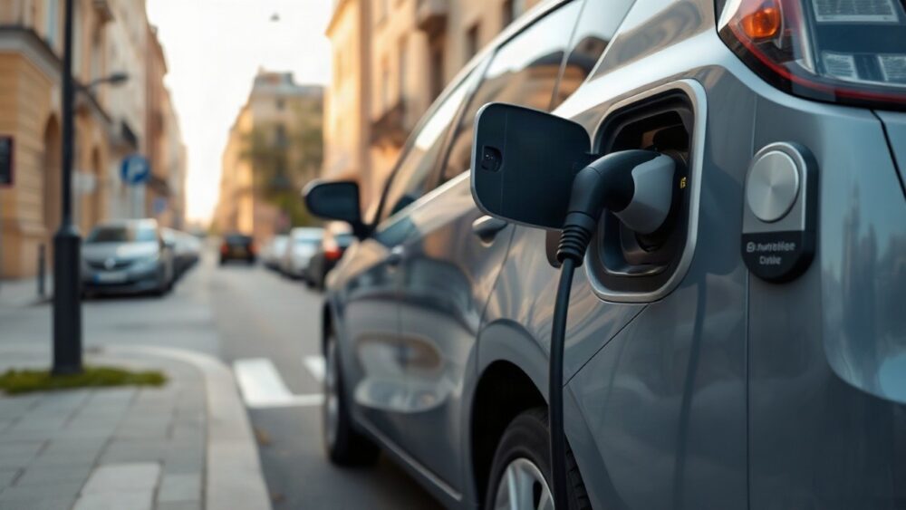 Ein kompaktes Elektroauto lädt an einer Straßenladesäule, während Hersteller wie Dacia über einen niedrigeren Dacia Spring Preis neue Käufer gewinnen wollen – Symbolbild, KI-erzeugt