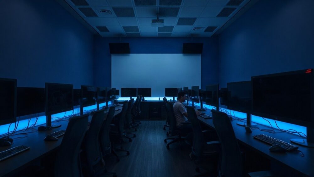 Verwaiste Arbeitsplätze in einem Spielestudio stehen sinnbildlich für die Schließung von BioWare – Symbolbild, KI-erzeugt