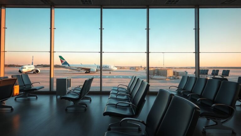 Leere Abflughalle eines Flughafens im Morgenlicht, sinnbildlich für die sinkenden Passagierzahlen am Flughafen Wien – Symbolbild, KI-erzeugt
