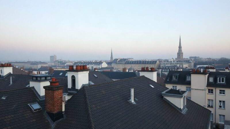 A wide rooftop view of a European city skyline at dawn, showing district heating pipes, chimneys and residential rooftops, soft morning light, no people, no text, no logos, 16:9 ph – Symbolbild, KI-erzeugt