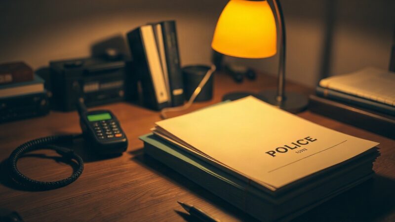 A close-up scene of a police radio handset and a stack of printed crime novel manuscripts on a wooden desk at night, lit by a single warm desk lamp, no people visible, no text or l – Symbolbild, KI-erzeugt