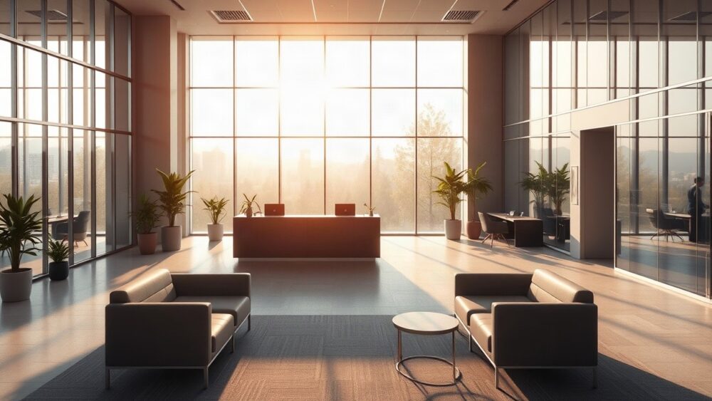 Moderne Bürolobby mit Glasfronten und warmem Morgenlicht als Symbolbild für die besten Arbeitgeber Europas – Symbolbild, KI-erzeugt