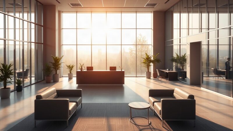 Moderne Bürolobby mit Glasfronten und warmem Morgenlicht als Symbolbild für die besten Arbeitgeber Europas – Symbolbild, KI-erzeugt