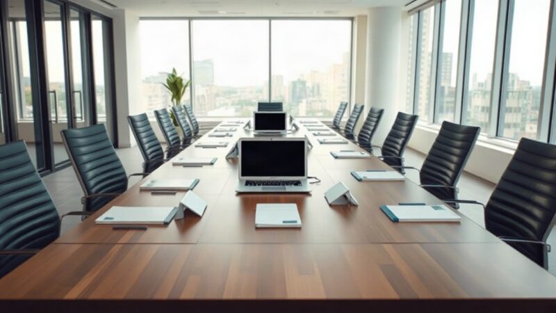 A modern office meeting room with a long table, empty chairs, laptops and documents neatly arranged, soft daylight coming through large windows, no people, no logos, no text visibl – Symbolbild, KI-erzeugt