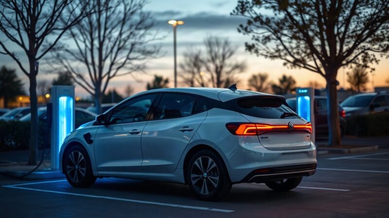 Ein kompakter Elektrowagen wie der Hyundai Ioniq3 lädt an einer modernen Ladesäule im Abendlicht – Symbolbild, KI-erzeugt