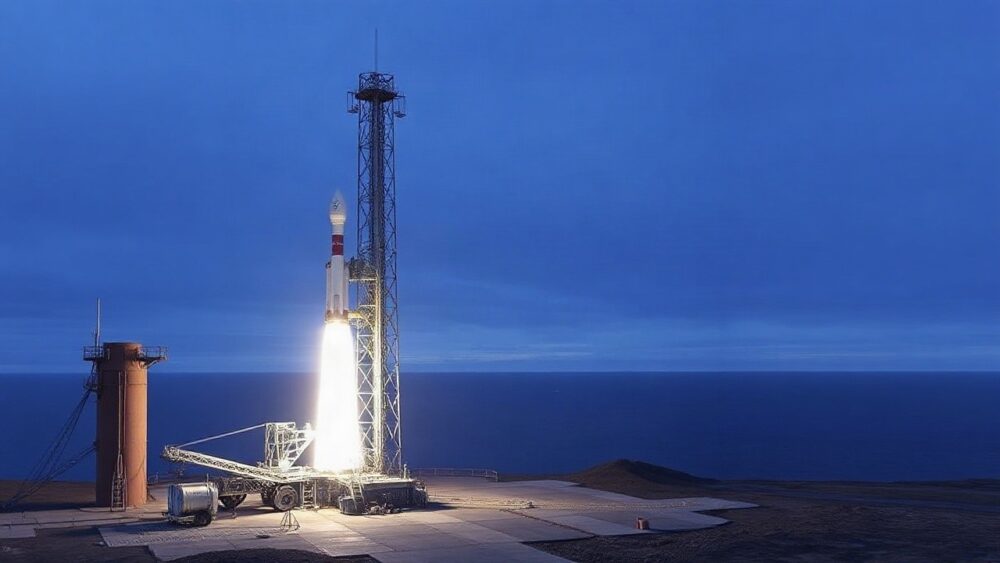 A rocket launch pad at dusk on a remote northern coastline, metal gantry structure, ocean in the background, cool blue evening light, no logos, no text, no people visible – Symbolbild, KI-erzeugt