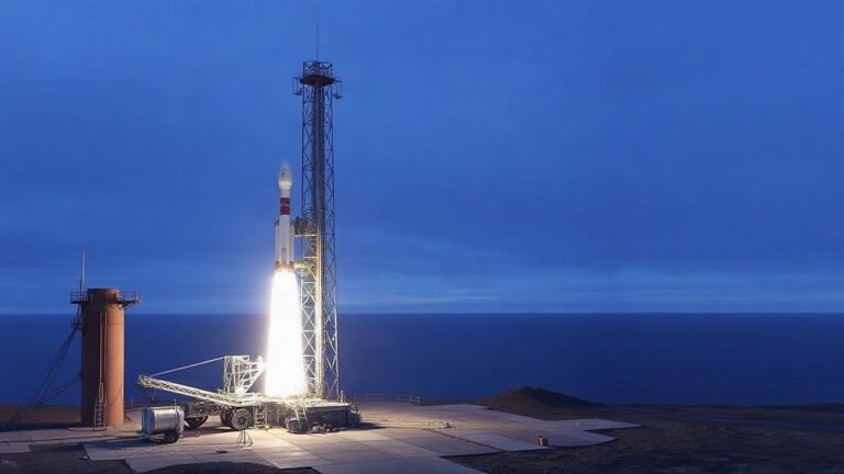 A rocket launch pad at dusk on a remote northern coastline, metal gantry structure, ocean in the background, cool blue evening light, no logos, no text, no people visible – Symbolbild, KI-erzeugt
