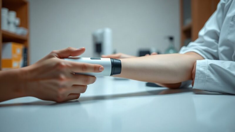 A modern dermatology research lab table with a handheld skin-scanning device, close-up on hands operating the instrument over a forearm, soft clinical light, shallow depth of field – Symbolbild, KI-erzeugt