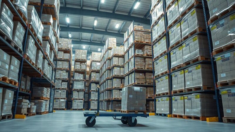 A wholesale warehouse interior with tall shelving stacked with pallets of packaged goods, a flatbed trolley in the foreground, cool fluorescent light, wide angle, no people, no log – Symbolbild, KI-erzeugt