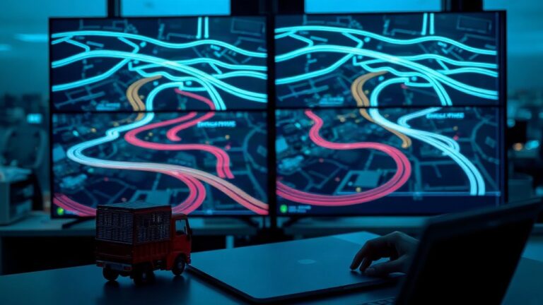 A modern fleet-tracking control room at dusk, large wall monitors showing abstract glowing traffic-flow maps and route lines over a city grid, no readable text or logos, a desk wit – Symbolbild, KI-erzeugt