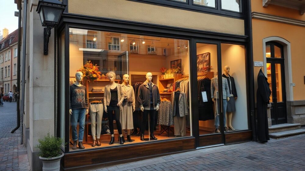 Schaufenster eines Modehauses in einer süddeutschen Innenstadt, Symbolbild zur Keller-Warth Insolvenz – Symbolbild, KI-erzeugt