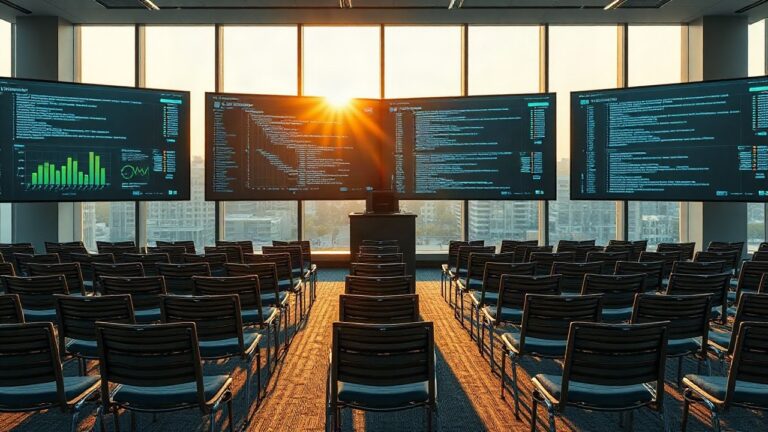 A modern conference room with large screens displaying abstract cybersecurity dashboards and code, empty chairs arranged in rows, soft evening light through large windows, no peopl – Symbolbild, KI-erzeugt