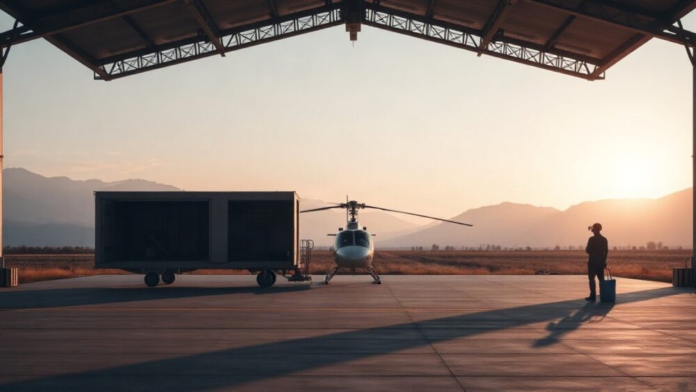 Ein Hubschrauber steht in einem offenen Hangar am Flugplatz, Symbolbild für die Morgenstern Helicopter GmbH nach dem Diebstahl der Maschine – Symbolbild, KI-erzeugt