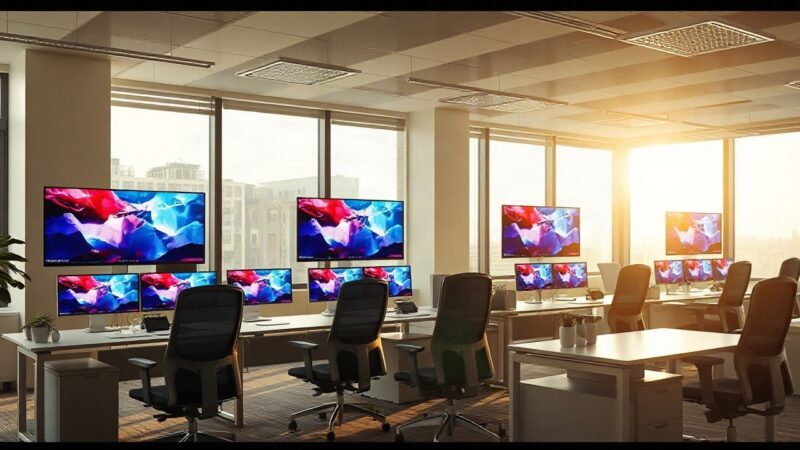 Ein leerer Büroarbeitsplatz mit mehreren Bildschirmen symbolisiert den Netflix-Stellenabbau in der Konzernzentrale – Symbolbild, KI-erzeugt