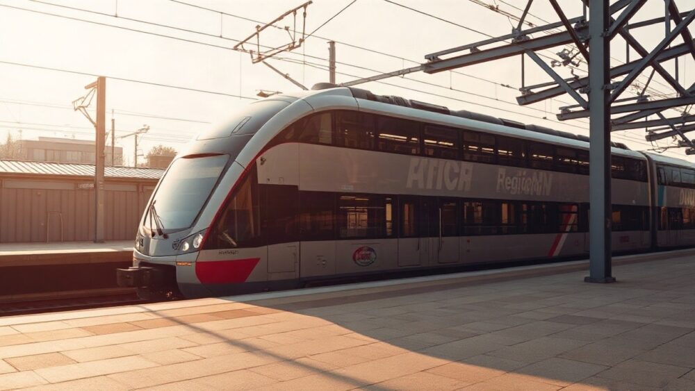 Ein moderner Doppelstockzug steht im Morgenlicht am Bahnsteig und symbolisiert den neuen ÖBB-Fahrplan 2027 – Symbolbild, KI-erzeugt