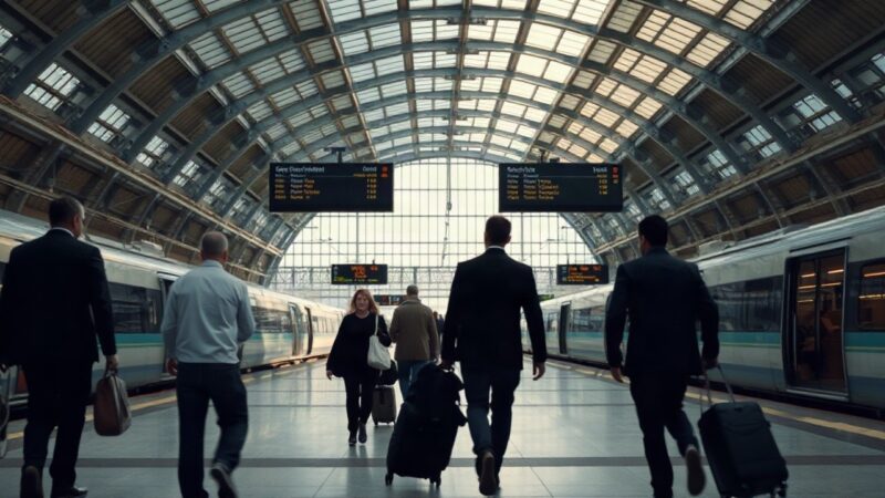 A wide modern railway station concourse with glass roof, platforms, overhead train information displays, travelers walking with luggage seen only from behind or as silhouettes, sof – Symbolbild, KI-erzeugt