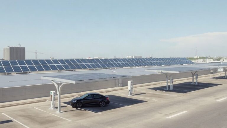 A modern industrial rooftop with rows of solar panels under bright daylight, a nearby carport structure also covered with solar panels, and an electric vehicle charging station in – Symbolbild, KI-erzeugt