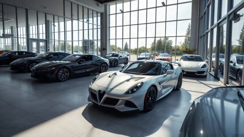 A modern car dealership showroom with large glass fronts, a few sleek sports cars displayed under bright daylight, clean concrete floor, no logos or text visible, wide-angle interi – Symbolbild, KI-erzeugt
