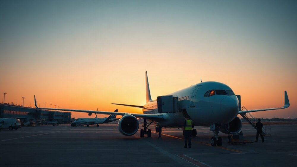 Ein Flugzeug steht bei Dämmerung auf dem Rollfeld, während im Hintergrund die Ryanair Wien Streckenstreichung für Unsicherheit bei Beschäftigten sorgt – Symbolbild, KI-erzeugt