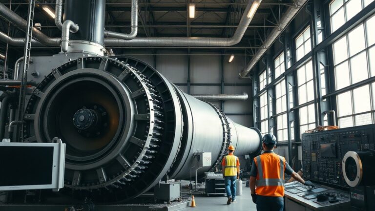 A modern industrial turbine hall interior with large steam turbine components and metal piping, workers in safety gear visible only from behind at a control panel, industrial dayli – Symbolbild, KI-erzeugt