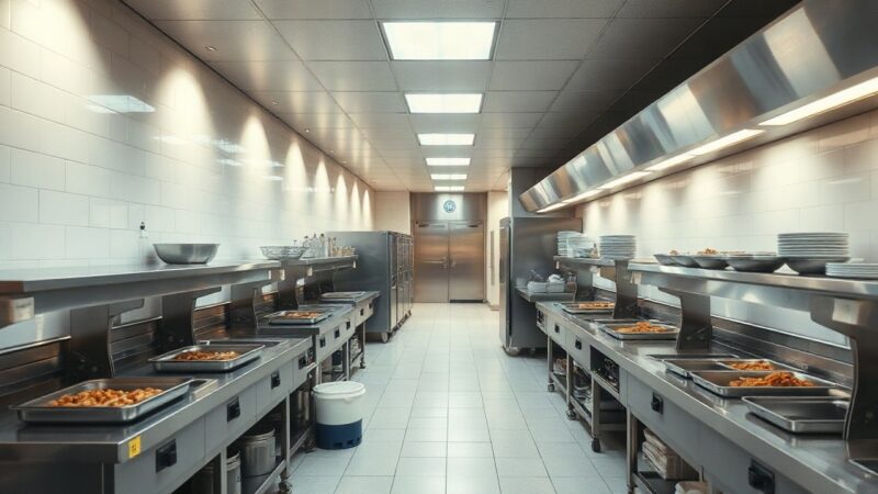 Großküche eines Firmenrestaurants, die den Gewinnrückgang bei Sodexo im Geschäftsbereich Verpflegung symbolisiert – Symbolbild, KI-erzeugt