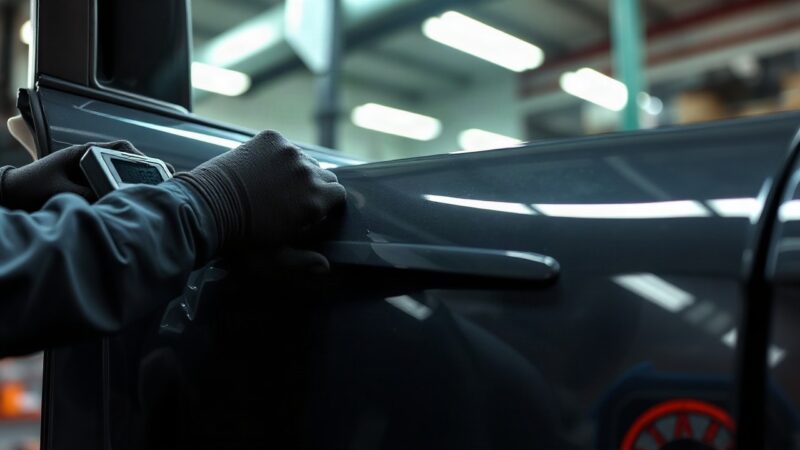 A close-up photo of a car body repair workshop, a technician's gloved hands measuring a dented car door panel with a digital tool, bright overhead workshop lighting, blurred car pa – Symbolbild, KI-erzeugt