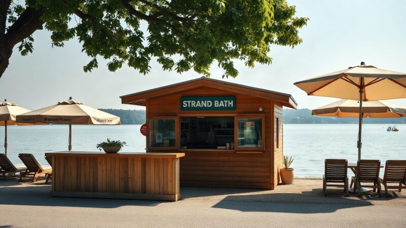 A lakeside strand bath snack kiosk with wooden counter, sun umbrellas and deck chairs by a calm lake, summer morning light, no people close-up, no signage or logos, Austrian lake s – Symbolbild, KI-erzeugt