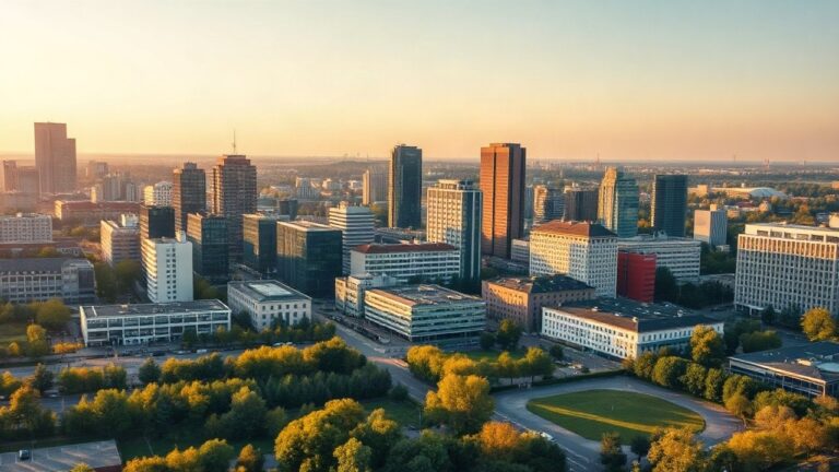 Luftaufnahme einer deutschen Stadt bei Sonnenuntergang als Symbolbild für das Standortranking der Städte – Symbolbild, KI-erzeugt