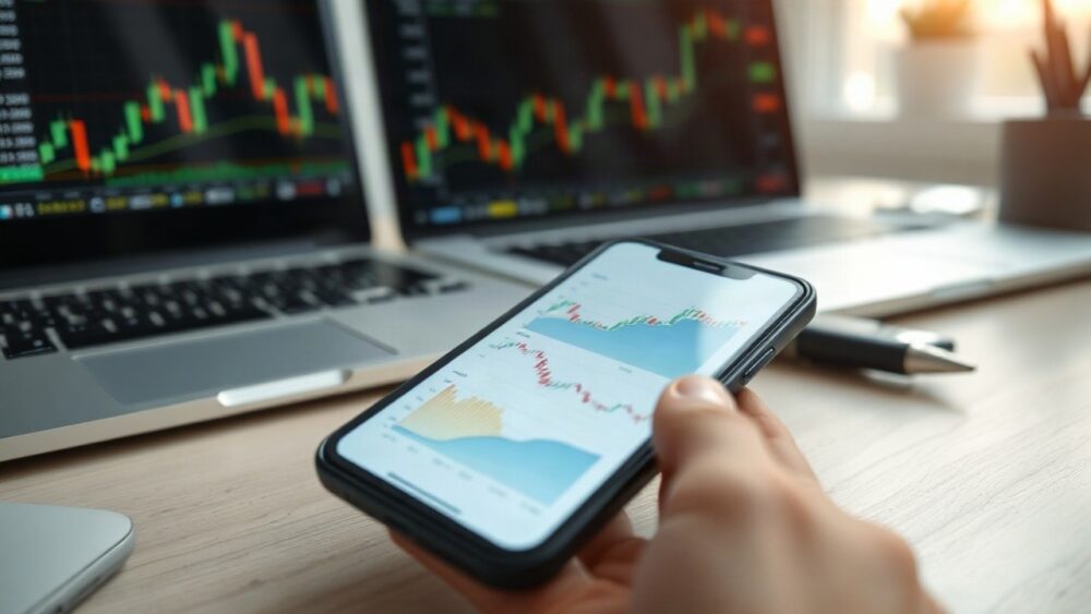 Ein Smartphone mit Börsenkursen auf dem Display liegt neben einem Laptop und symbolisiert das Trade Republic Ranking im Neobroker-Vergleich – Symbolbild, KI-erzeugt