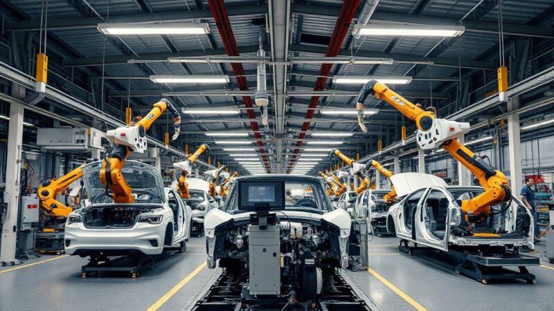 Industrielle Fertigungsstraße eines Automobilwerks, die den VW-Gewinneinbruch und die Folgen für die Produktion symbolisiert – Symbolbild, KI-erzeugt