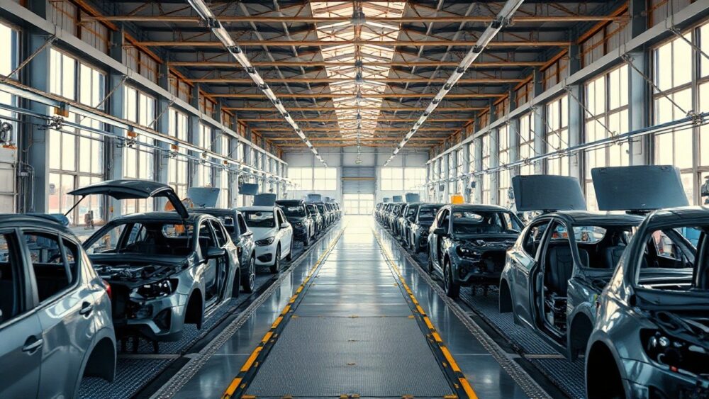 Produktionshalle eines Automobilwerks, die den geplanten VW Gehaltsstopp für Beschäftigte in der Fertigung thematisiert – Symbolbild, KI-erzeugt