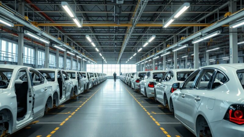 Produktionshalle eines Autowerks als Symbolbild für den geplanten VW-Gehaltsstopp bei Volkswagen – Symbolbild, KI-erzeugt
