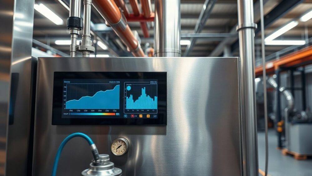 Ein industrieller Gefriertrockner mit digitaler Steuerung, wie ihn das Wiener Unternehmen WAVE mit KI-Gefriertrockner-Technologie aus Wien betreibt – Symbolbild, KI-erzeugt